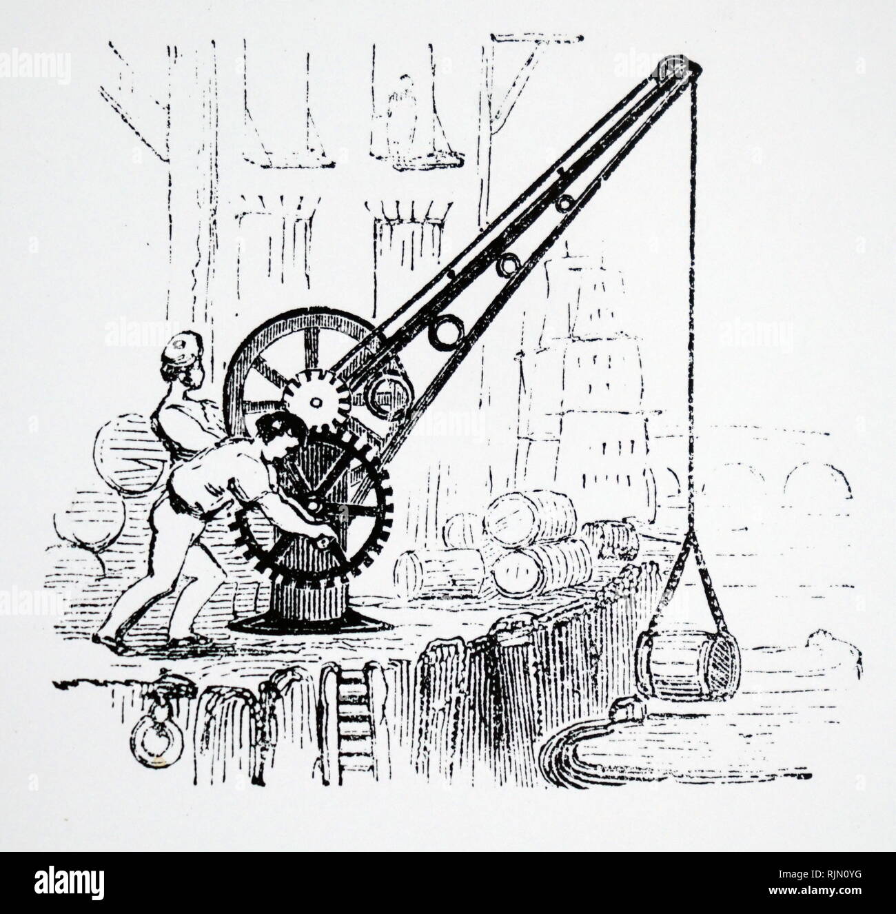 Abbildung: Rad und Ritzel Kran im Einsatz auf einem Kai. 1850 Stockfoto