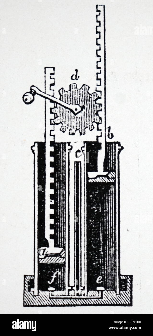 Schnittbild der Zahnstangenlenkung Getriebe für die anstrengenden Spritze auf einer Luftpumpe. Abbildung veröffentlicht 1835 Stockfoto