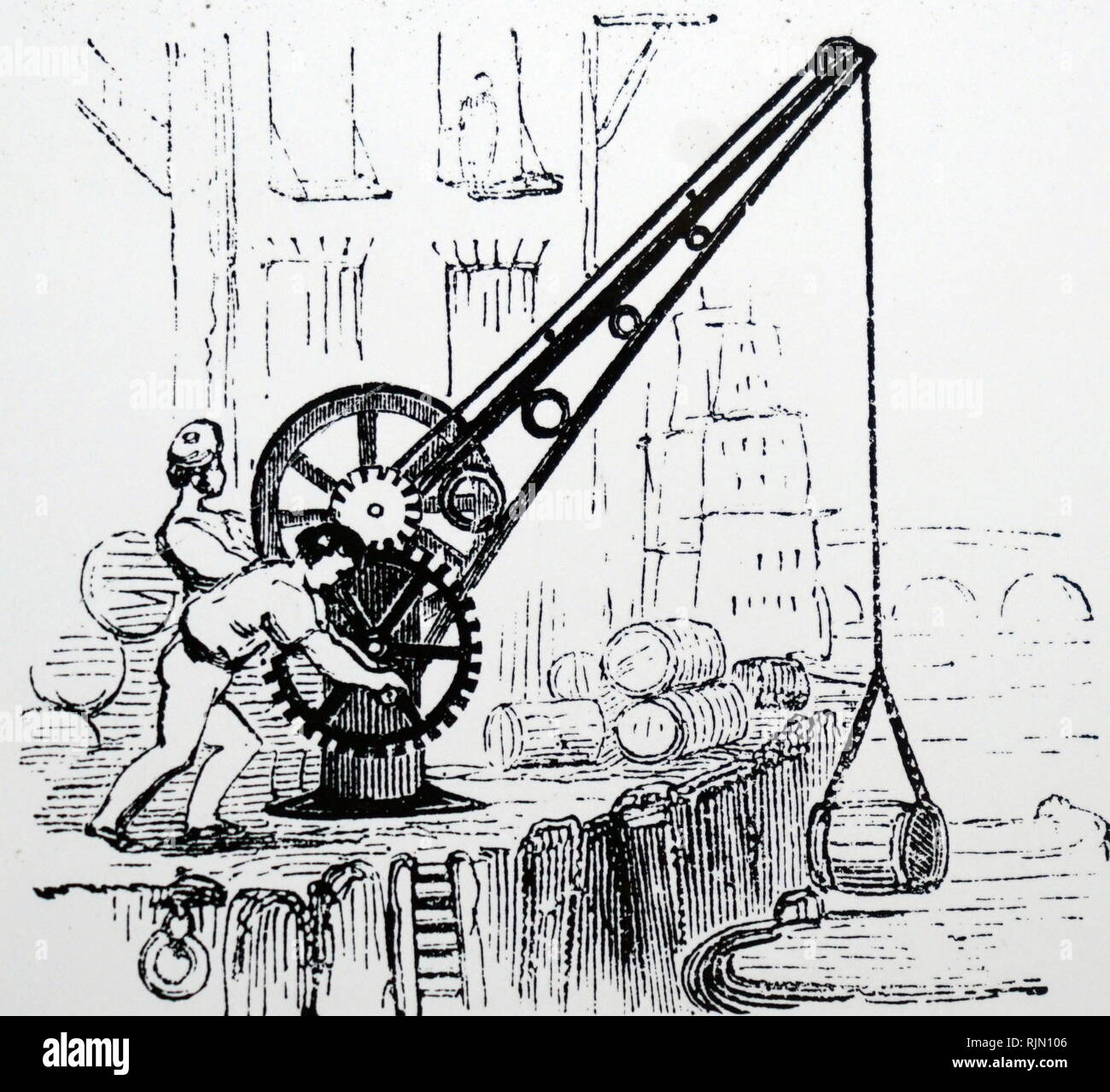 Abbildung: Rad und Ritzel Kran im Einsatz auf einem Kai 1860 Stockfoto