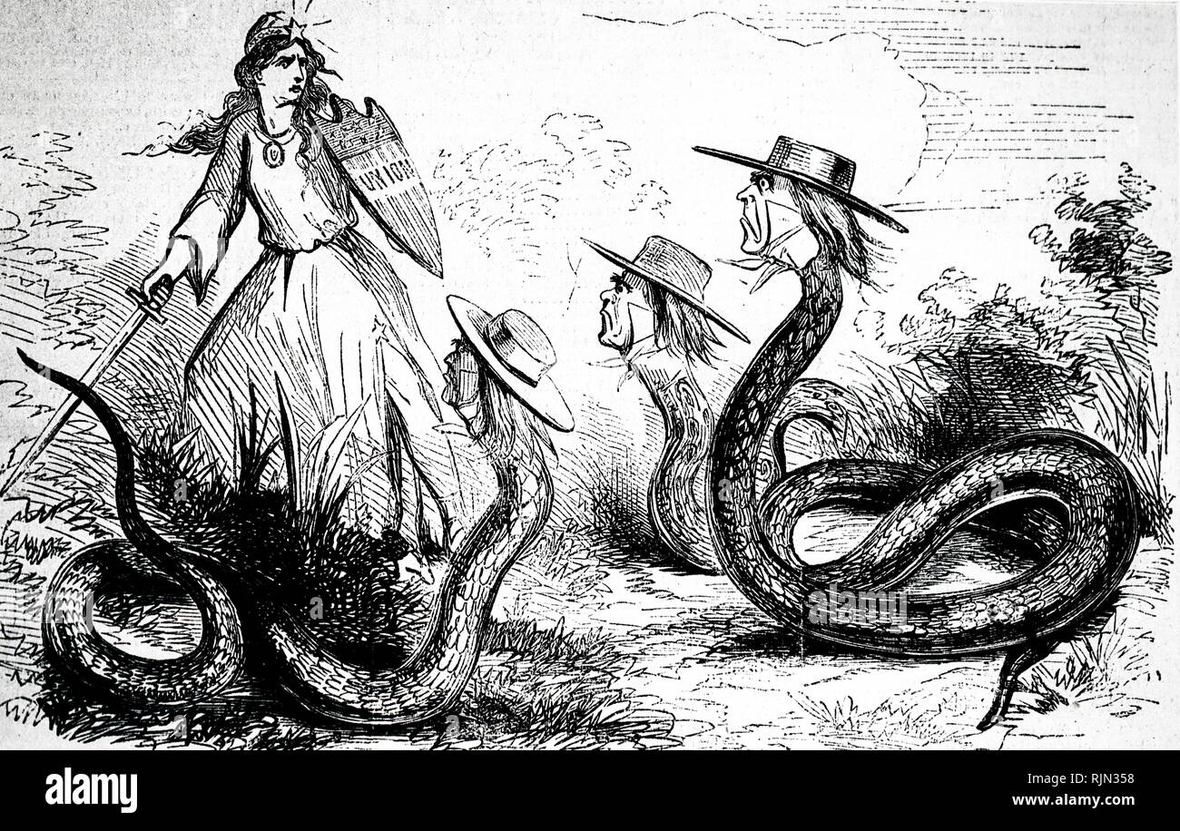 Cartoon von Harper's Weekly 1863, zeigt die Union bedroht durch Copperheads, demokratischen Mittelwesten Kongressabgeordnete, dargestellt als Schlangen für ihren südlichen Sympathien und Untreue in den Norden. Monotone Stockfoto