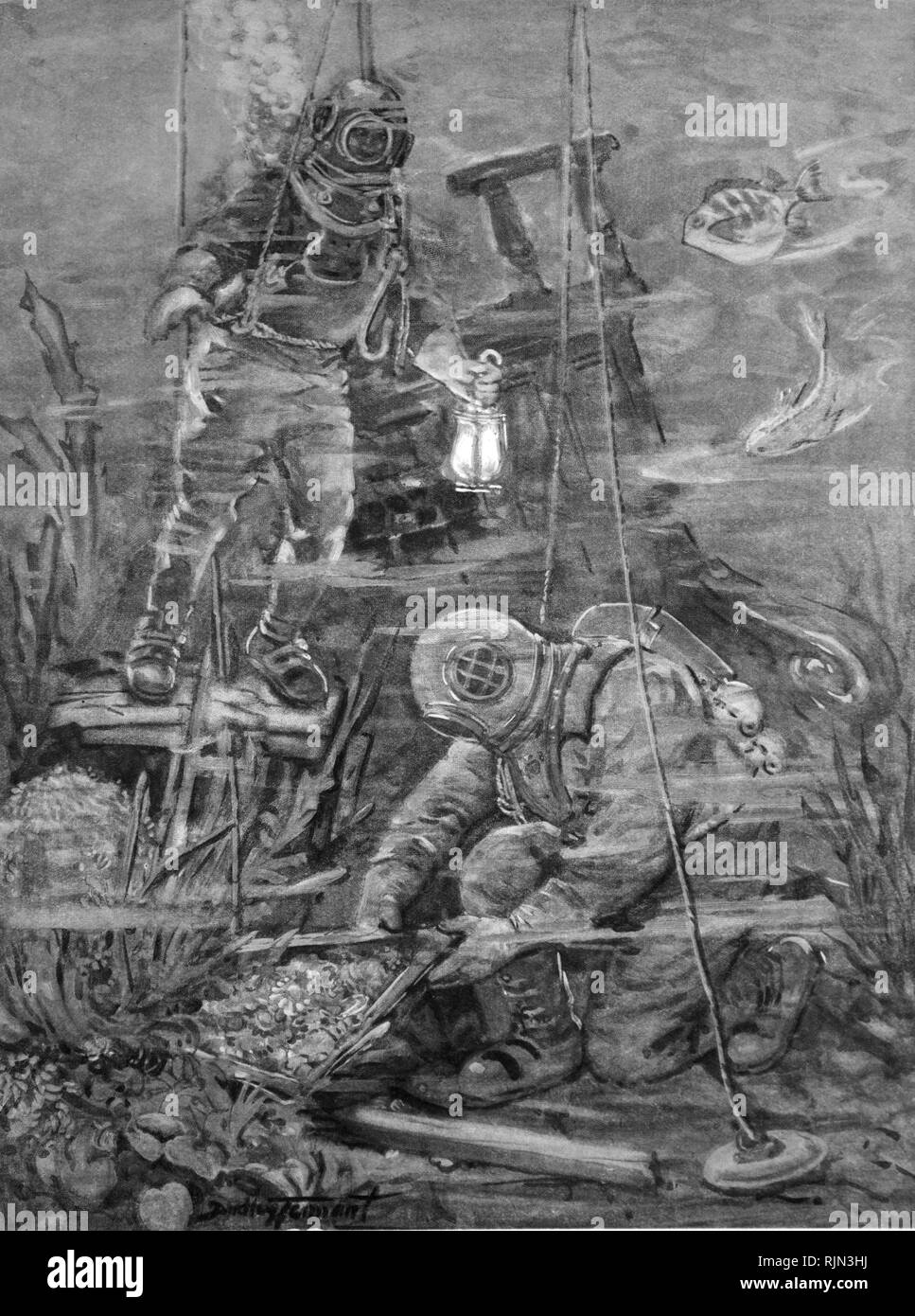 Abbildung: Eine der tiefsten Tauchgänge, die jemals in der Art der Klage in diesem Bild bei 288 Füße gezeigt aus, die Lokalität eines versunkenen u-Boot zu entdecken. Es nahm den Taucher zwei Stunden und fünf Minuten auf den Boden zu bekommen, denn für jeden 10 Fuß hinabgestiegen er einen zusätzlichen Wasserdruck von fast 4 J lb getragen. Über jeder Quadratzentimeter seines Körpers. Von Dudley Tennant 1945 gezeichnet Stockfoto