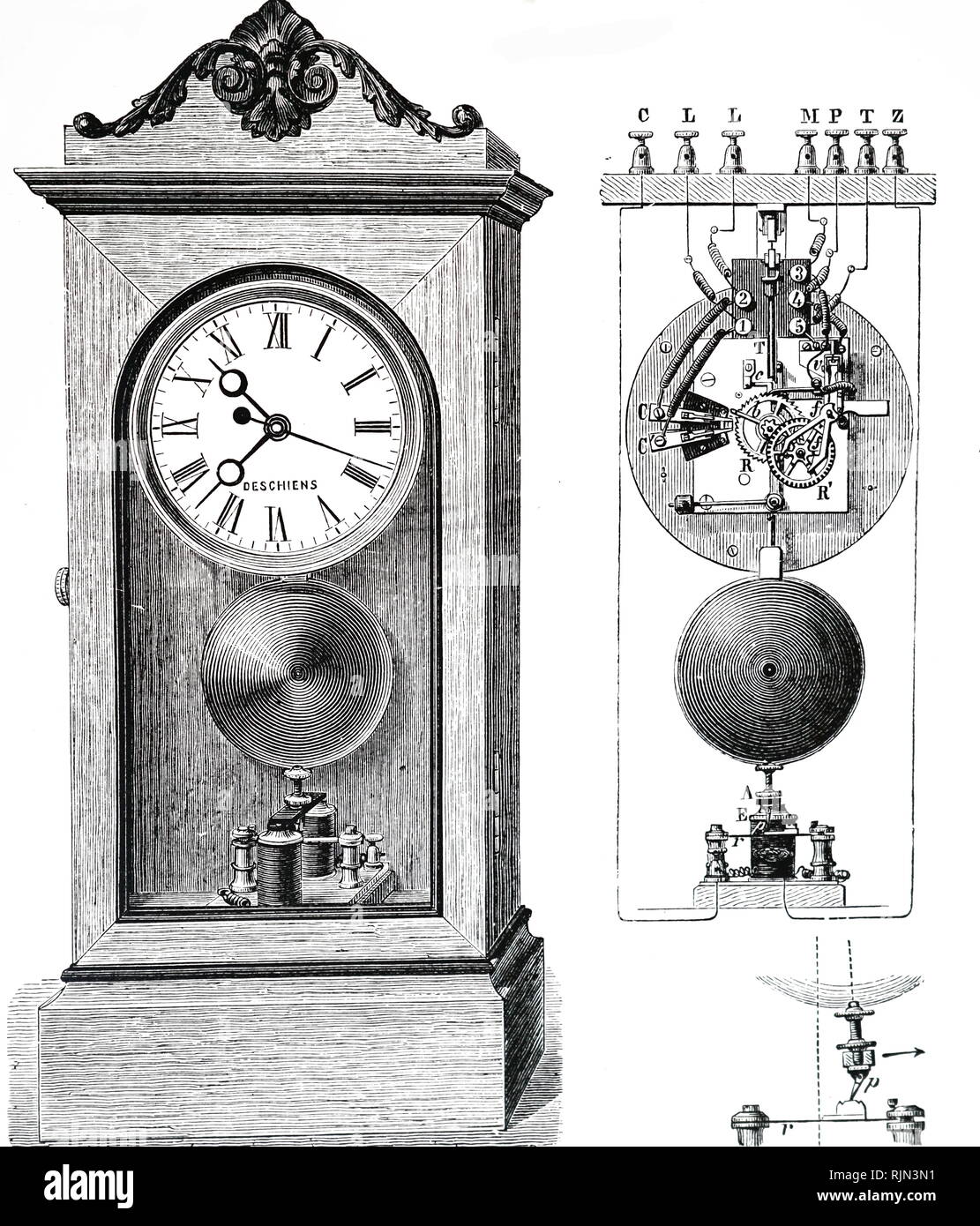 Abbildung: Elektrische Uhr von Hipp von Neuchatel, aus Amdee Guillemin "Elektrizität und Magnetismus", London, 1891. Stockfoto