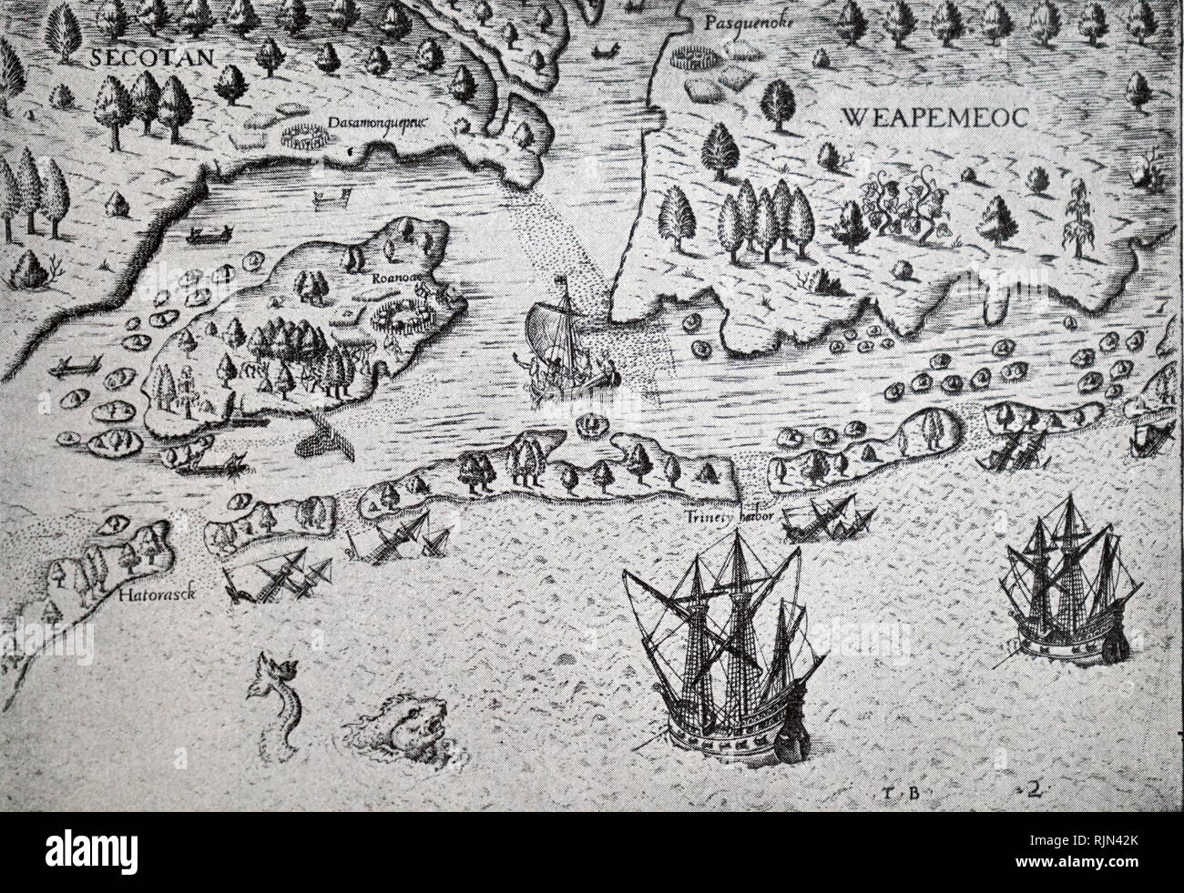 Abbildung: Roanoke Island, Mitte links, entdeckt 1584 durch Amadas und Barlowe, gesendet von Raleigh. Erfolglose Versuche, die kolonisierung von 1585 und 1587. Nach dem Zeichnen der ersten Raleigh's Kolonie, 1585, von De Bry Grand Voyages, Frankfurt, 1590 Stockfoto