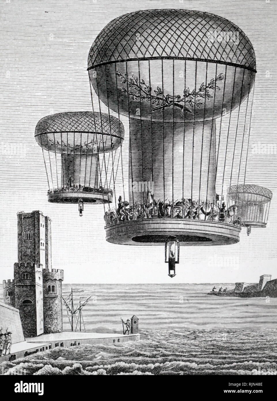 Abbildung: Schema für eine französische Invasion mit Heißluftballons (Montgolfier) Truppen und Ausrüstung über den Kanal zu transportieren (1804) Stockfoto