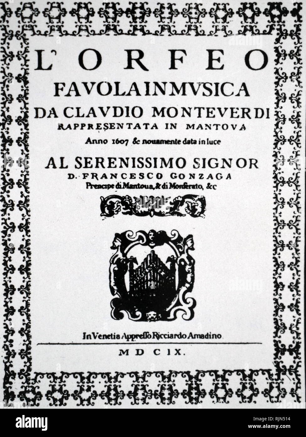Abbildung: auf der Titelseite der "Orpheus" Orpheus, einer Figur, die in der Griechischen Mythologie. L'Orfeo, war ein 1607 Oper von Claudio Monteverdi (1567 - 1643); Italienischer Komponist Stockfoto