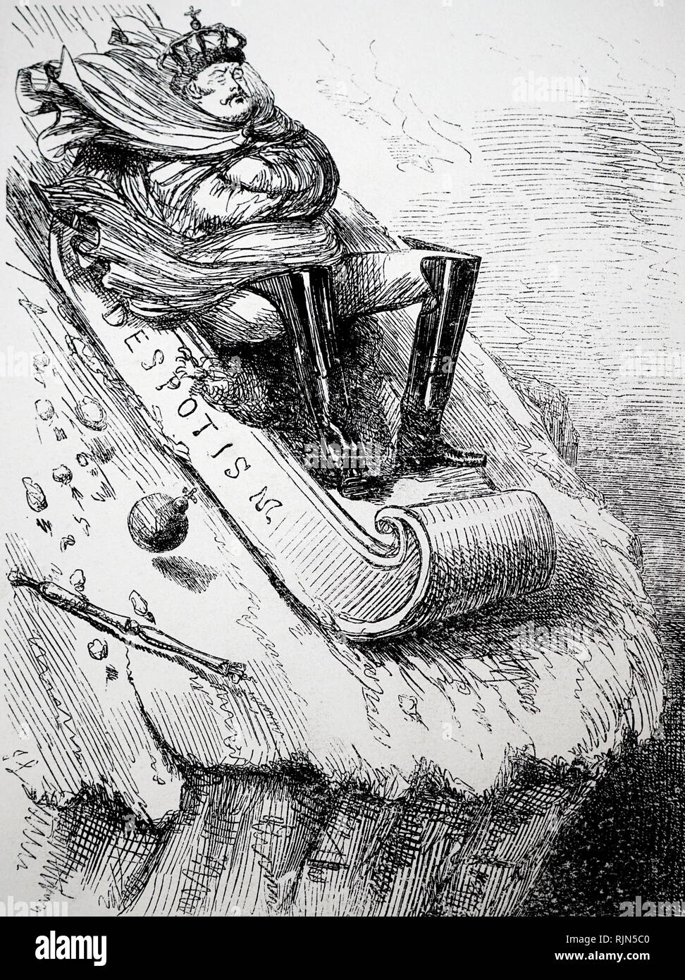 Abbildung: Zar Nikolaus I. (1796-1855), Kaiser von Russland aus dem Jahr 1825. John Leech Karikatur aus dem Punch, 1854, die ihn an den Rand des Abgrunds auf einem Schlitten mit der Bezeichnung Despotismus rast Stockfoto