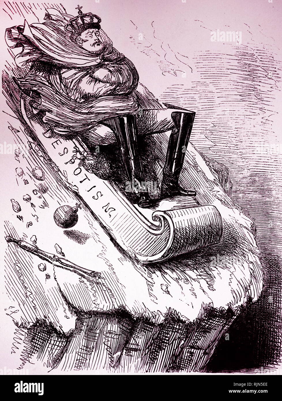 Abbildung: Zar Nikolaus I. (1796-1855), Kaiser von Russland aus dem Jahr 1825. John Leech Karikatur aus dem Punch, 1854, die ihn an den Rand des Abgrunds auf einem Schlitten mit der Bezeichnung Despotismus rast Stockfoto
