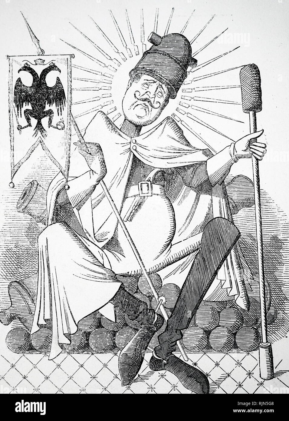 Abbildung: Zar Nikolaus I. (1796-1855), Kaiser von Russland aus dem Jahr 1825. John Leech Karikatur aus dem Punch, 1854, zeigt ihn als Heiligen Holding einen Speer und eine Kolbenstange mit einem Mörser gekrönt, einem Halo der Bajonette, auf einem Stapel von Canon Kugeln sitzen Stockfoto
