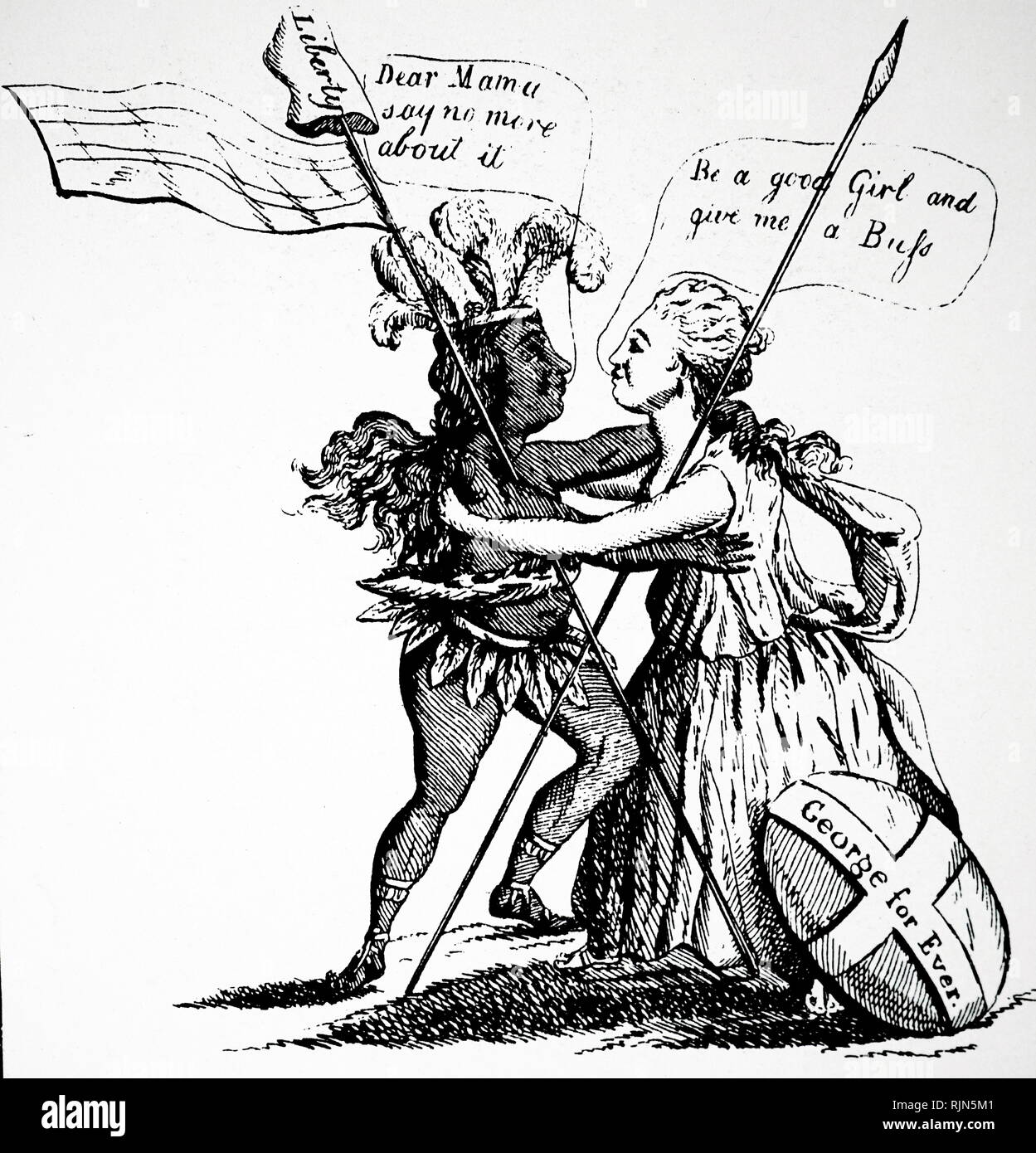 Abbildung: Versöhnung zwischen Britannia und ihre Tochter Amerika war eine britische Cartoon von 1782 Stockfoto