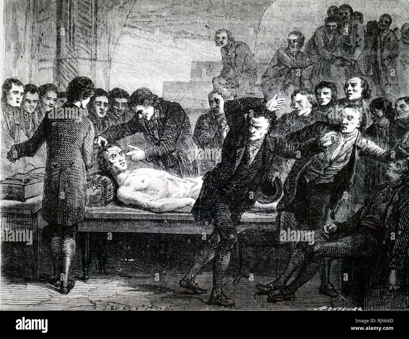 Abbildung: Andrew Ure demonstriert die Wirkung des galvanischen Strom die Leiche des Mörders Clyds-Dale: Glasgow 1818 Stockfoto