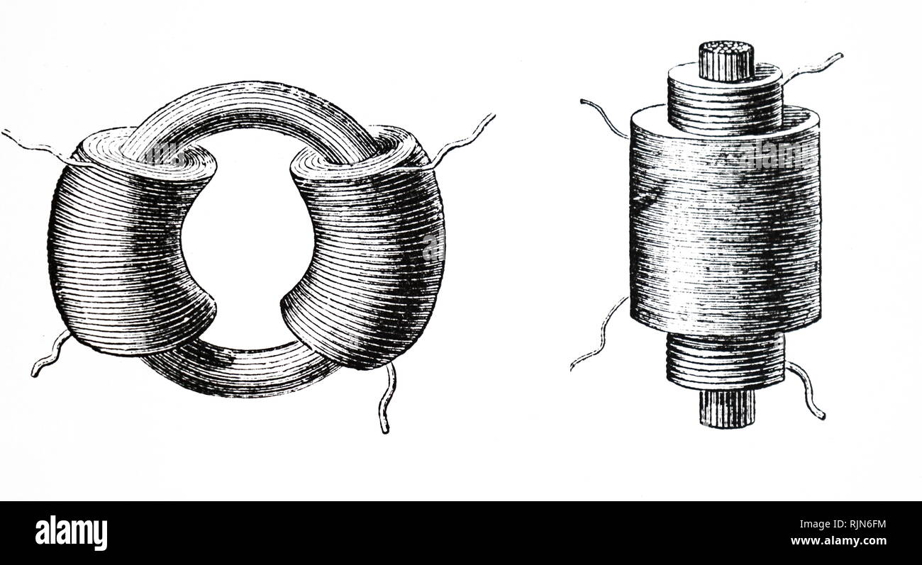 Abbildung: Frühe Transformatoren. Links; Faradays Erste (1831) Modell, auf einer Zeichnung in seinen Notizbüchern: Dies war ein eiserner Ring Wunde mit!: Zwei separate Spulen Draht. Rechts: Masson und Ritchie's (1842) Vorläufer des Rhumkorff Spule: Dies hatte einen Kern aus Eisen Stangen bilden einen "offenen magnetischen Kreis'. 1891 Stockfoto