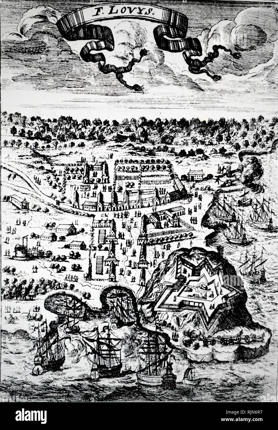 Abbildung: Fort Louis auf der Insel von Cayenne; Französische Reich. 1686 Stockfoto