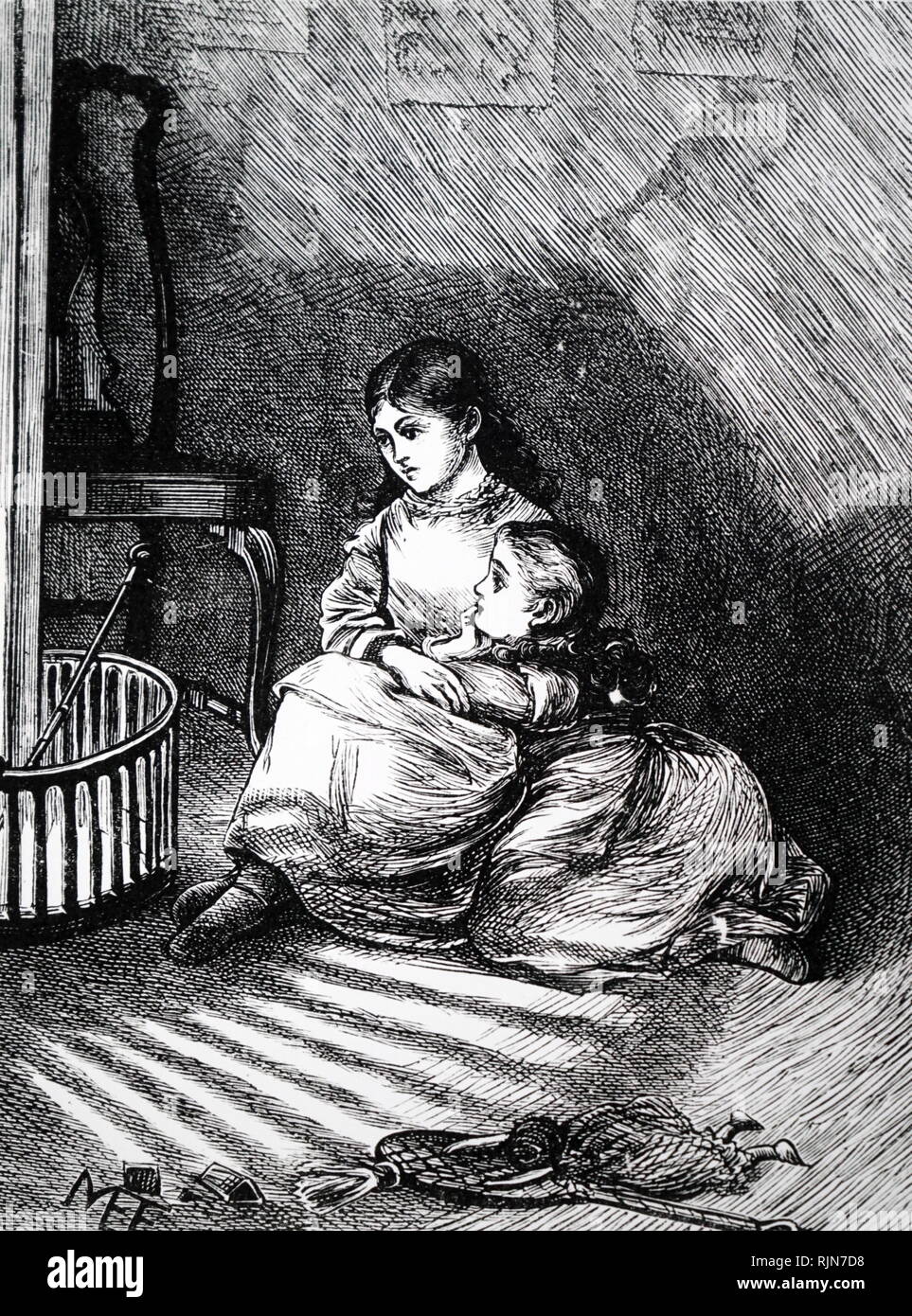 Abbildung: Alte Dame neben ihr Feuer sitzen. Abbildung von Francis Arthur Fraser, 1876 Stockfoto