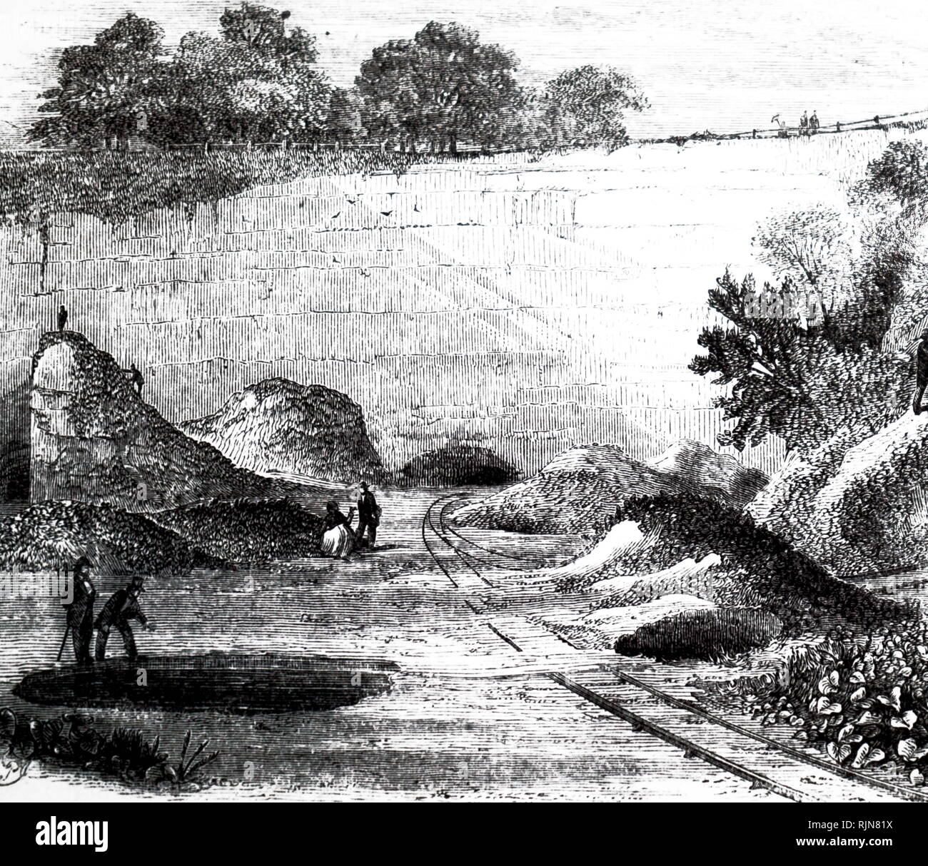 Ein kupferstich mit der Darstellung der crayford Gruben in der Nähe von Erith, Kent, in der Thames Valley, wo große Mengen von Mammut, Wolliges Nashorn, Höhlenlöwe, irische Elch, und viele andere alte Tiere während des neunzehnten Jahrhunderts ausgegraben bleibt. Vom 19. Jahrhundert Stockfoto