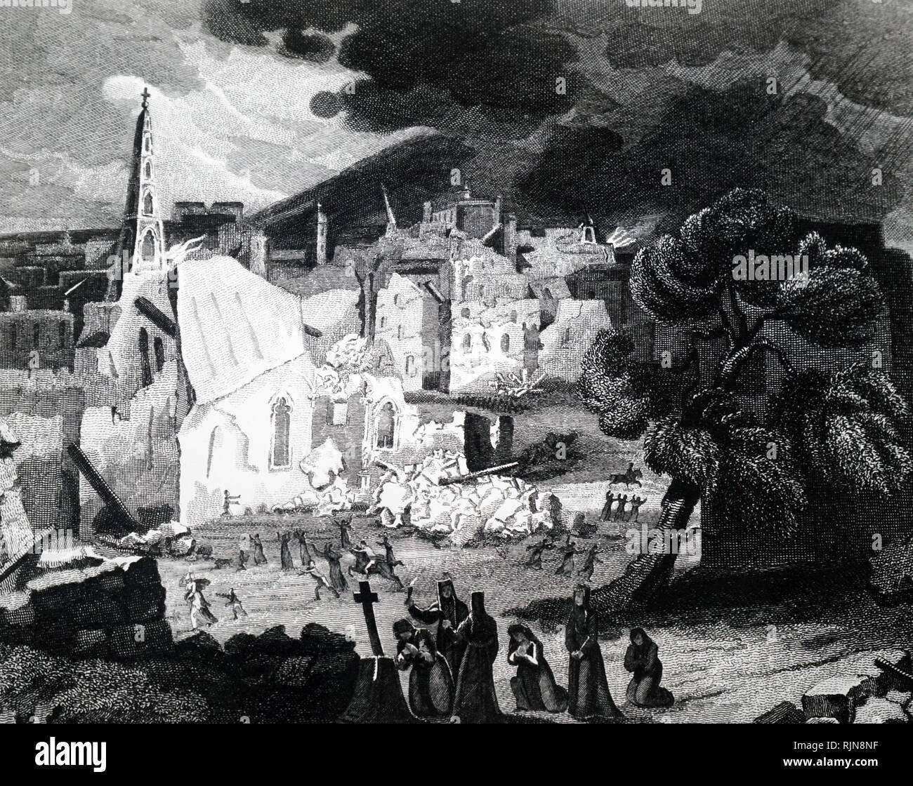 Eine Gravur, Lissabon durch ein Erdbeben 1755 zerstört. Vom 19. Jahrhundert Stockfoto