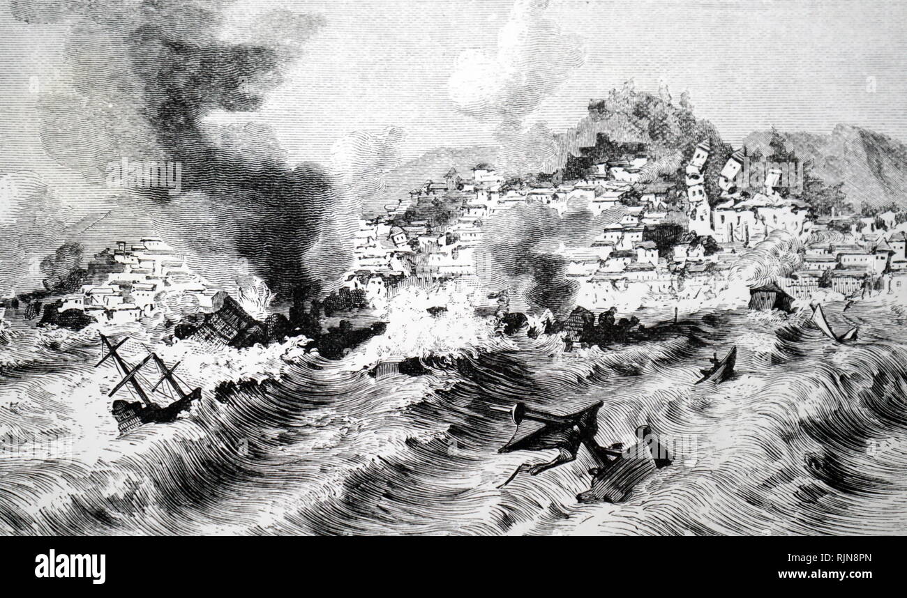Eine Gravur, Lissabon durch ein Erdbeben zerstört und der nachfolgenden Flutwelle in 1755. Vom 19. Jahrhundert Stockfoto