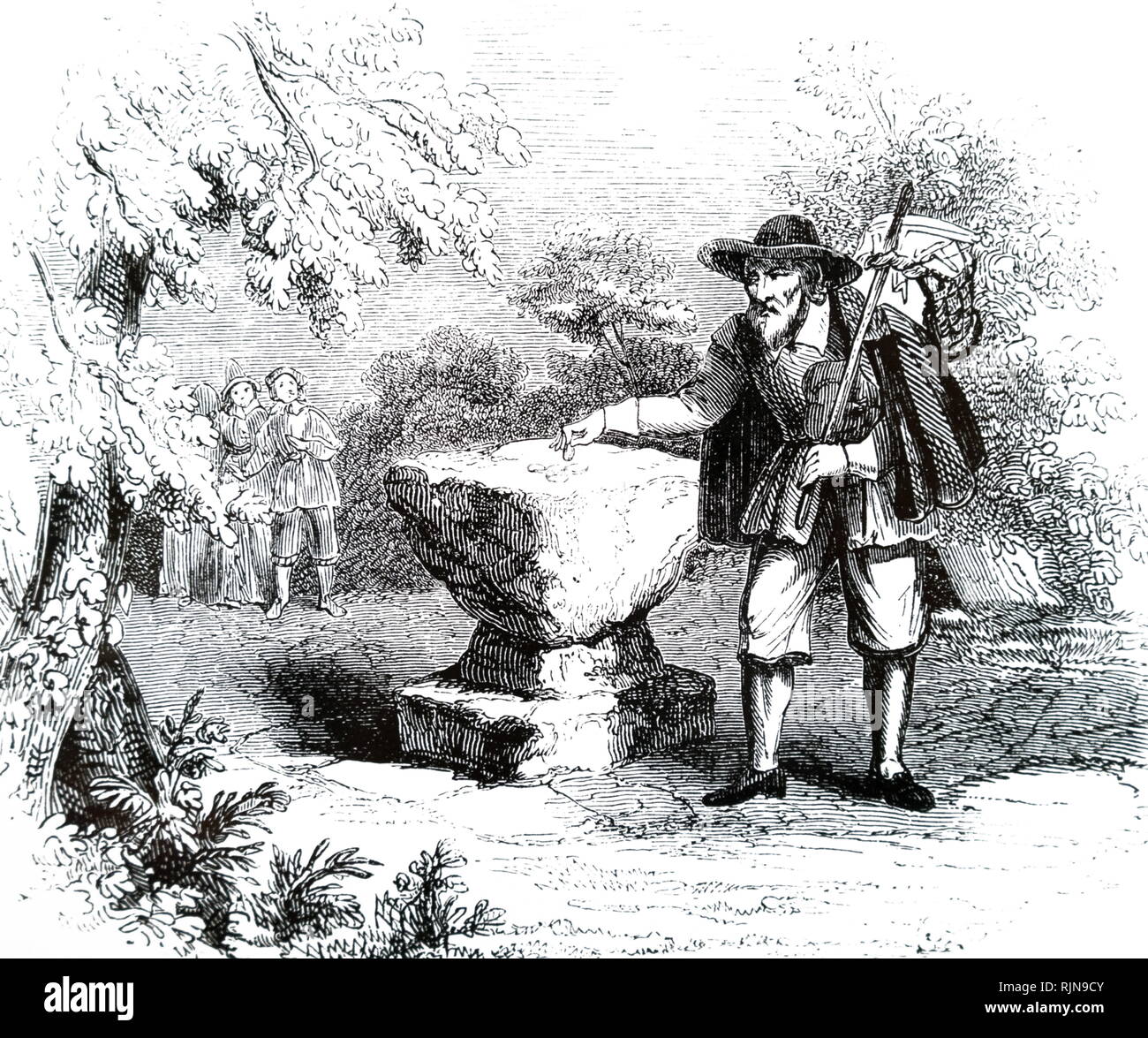 Ein kupferstich mit der Darstellung der breiten Stein verwendet während der großen Pest von 1665. Geld war nicht von der Hand zu Hand, sondern wurde auf diesem Stein, nachdem sie in Essig als primitiver Desinfektionsmittel gewaschen. Vom 19. Jahrhundert Stockfoto