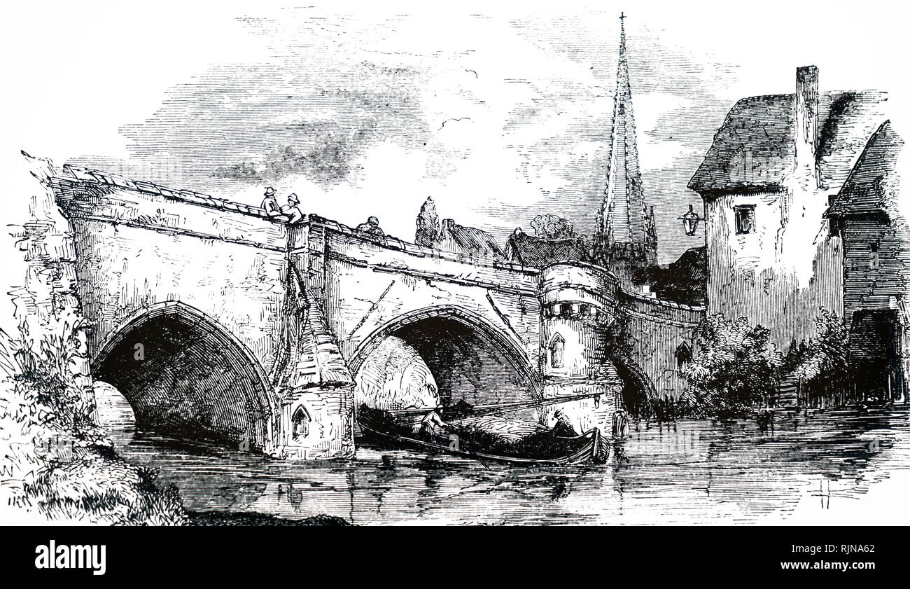 Eine Gravur mit Bischof's Bridge, Norwich, 1295 gebaut. Vom 19. Jahrhundert Stockfoto