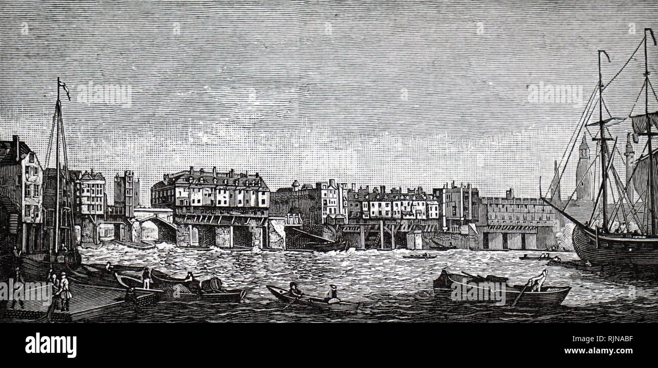 Ein holzschnitt Kupferstich, London Bridge. Vom 18. Jahrhundert Stockfoto