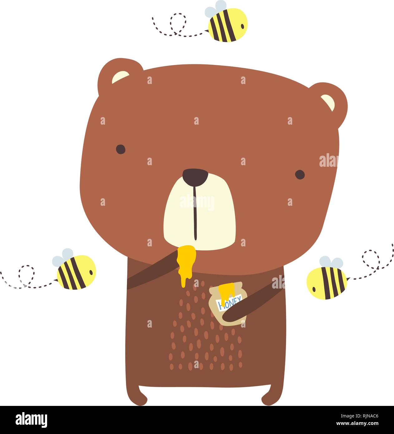 Süße Bär mit Honigtopf und Bienen auf auf weißem Hintergrund. Design für Baby und chindren. Hand gezeichneten Stil. Kann für Kinderzimmer Dekoration verwendet werden. Stock Vektor