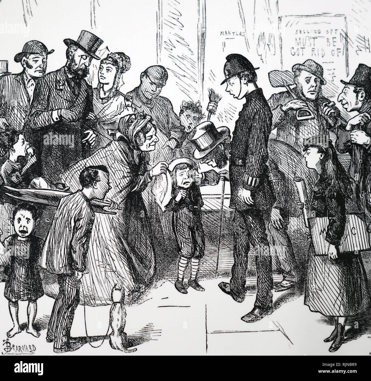 Ein Cartoon, einem Londoner Polizisten und Passanten versuchen, sinnvoll von ein verlorenes Kind zu erhalten. Illustriert von Friedrich Barnard (1846-1896). Vom 19. Jahrhundert Stockfoto