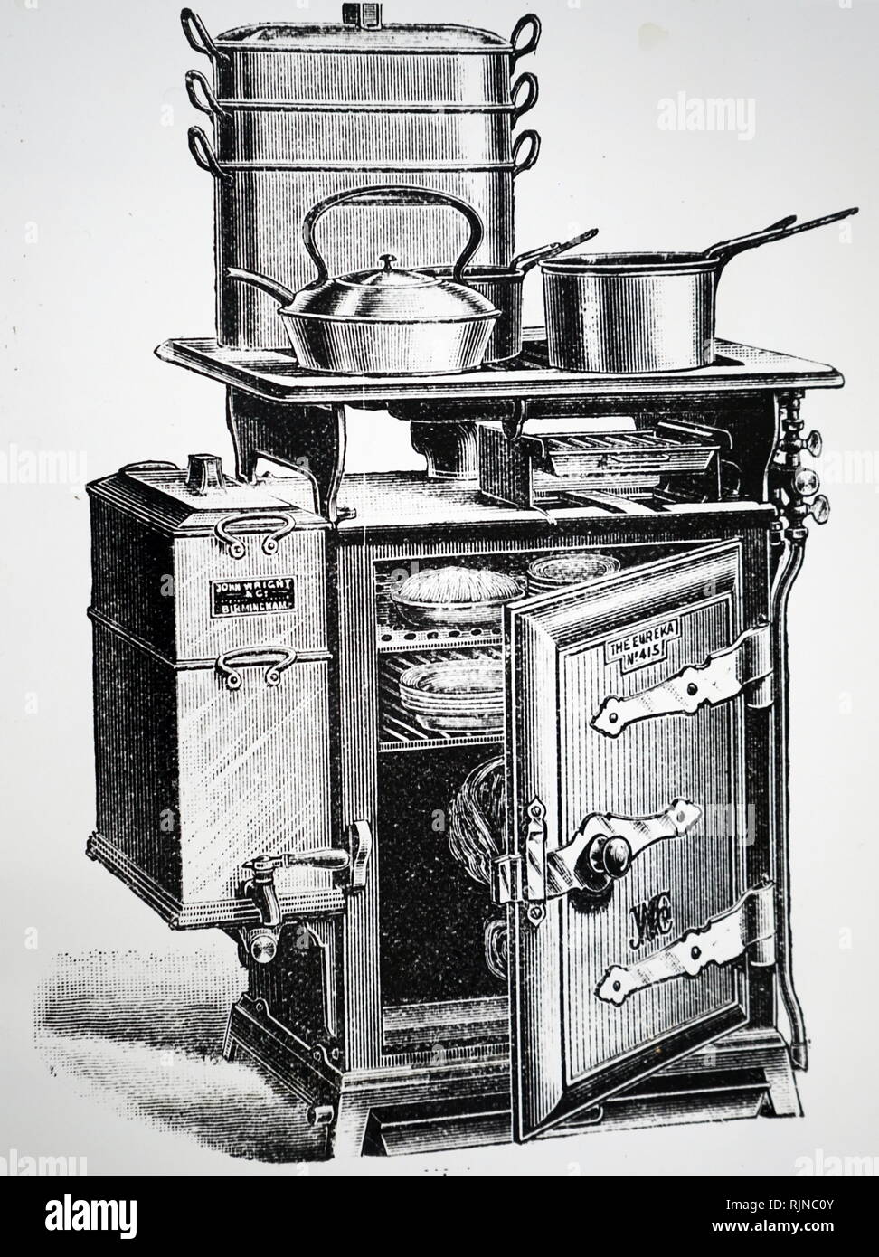 Ein kupferstich mit der Darstellung der Eureka Gas Herd von der John Wright & Co., Birmingham, wo ein Warmwasserbereiter auf der einen Seite der Herd enthalten. Vom 19. Jahrhundert Stockfoto