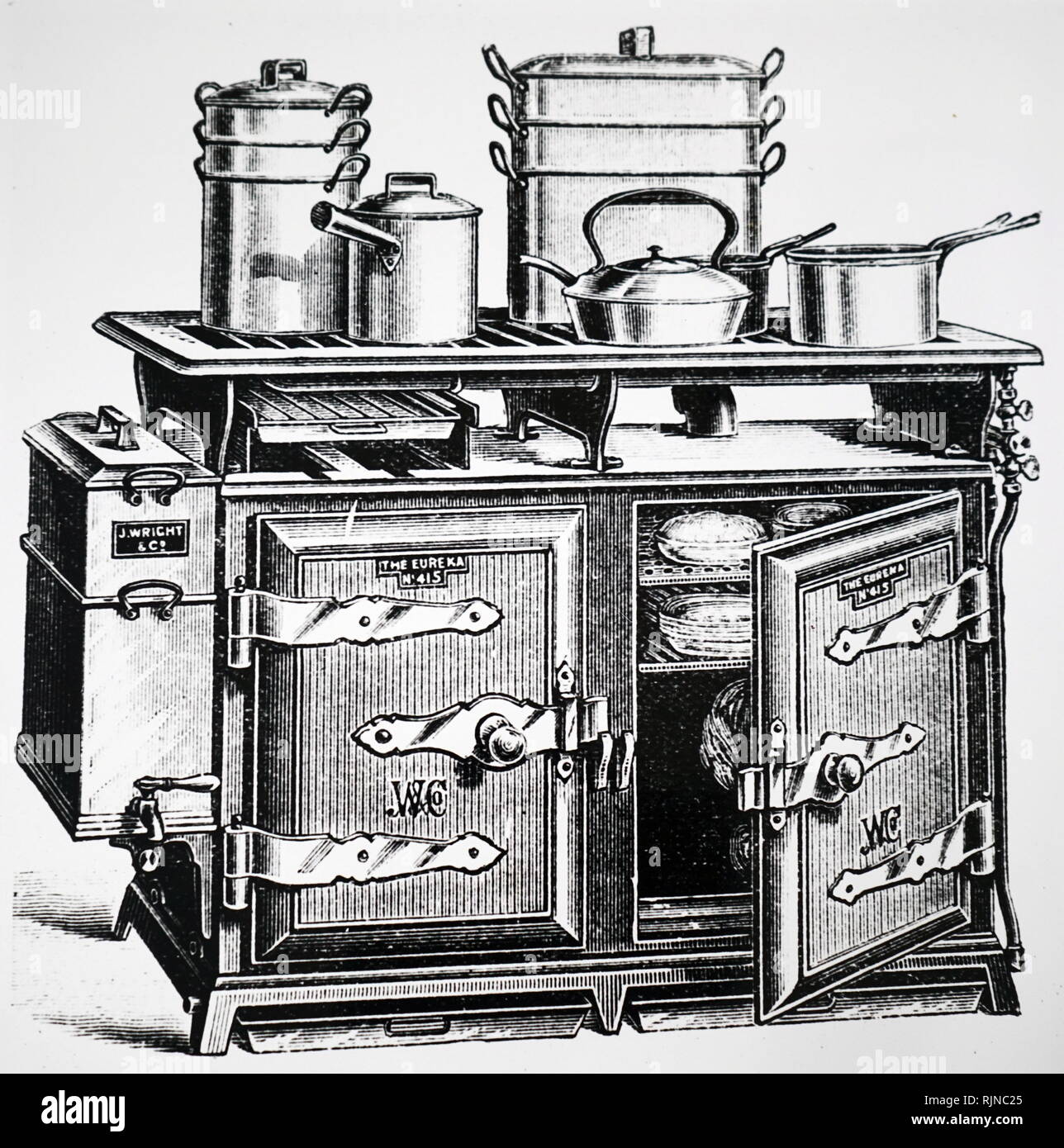 Ein kupferstich mit der Darstellung eines doppelten ovened Gas Herd mit einem Warmwasserbereiter auf der einen Seite, die von der John Wright & Co., Birmingham. Vom 19. Jahrhundert Stockfoto