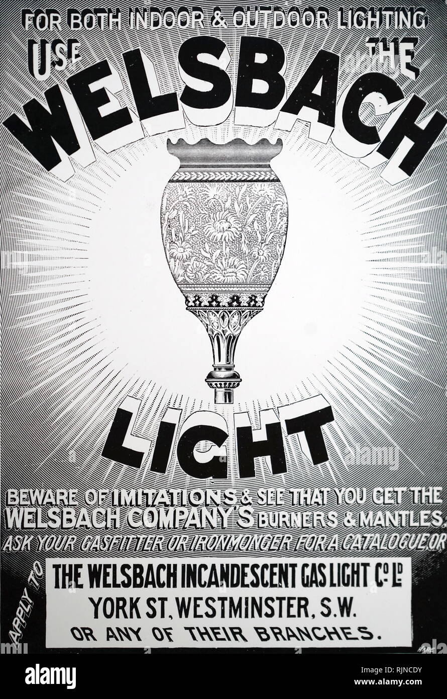 Eine Werbung für die welsbach Glühlampe gas Mantel. Vom 20. Jahrhundert Stockfoto