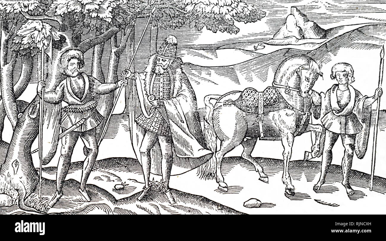 Ein holzschnitt Kupferstich, eine irische Häuptling und seinen Begleitern. Vom 16. Jahrhundert Stockfoto