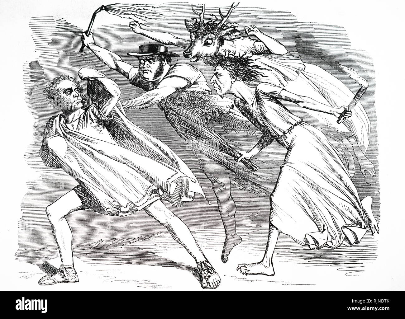 Ein Cartoon, Palmerston (Orest) verfolgt von John Bright (Mitte) und Benjamin Disraeli. Stockfoto