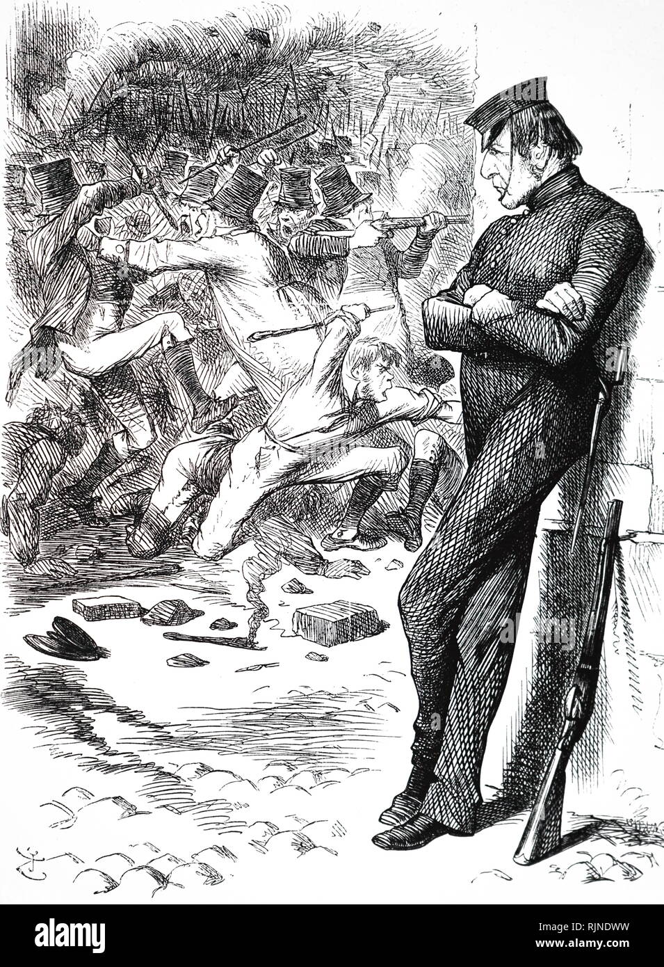 Eine Karikatur, die Premierminister William Gladstone beobachten die Unruhen in Irland, die wartet, um zu intervenieren. 4. April eine neue irische Frieden Bewahrung Gesetz verabschiedet. Illustriert von John Tenniel. Stockfoto