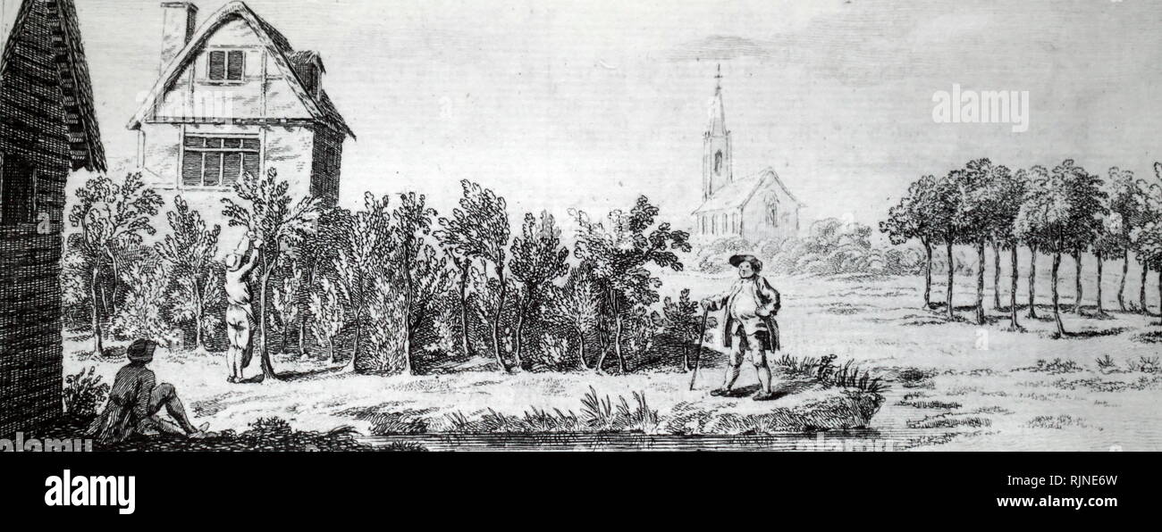 Ein holzschnitt Kupferstich mit der Darstellung eines Gutsbesitzers Inspektion einer unreifen Niederwald. Stockfoto