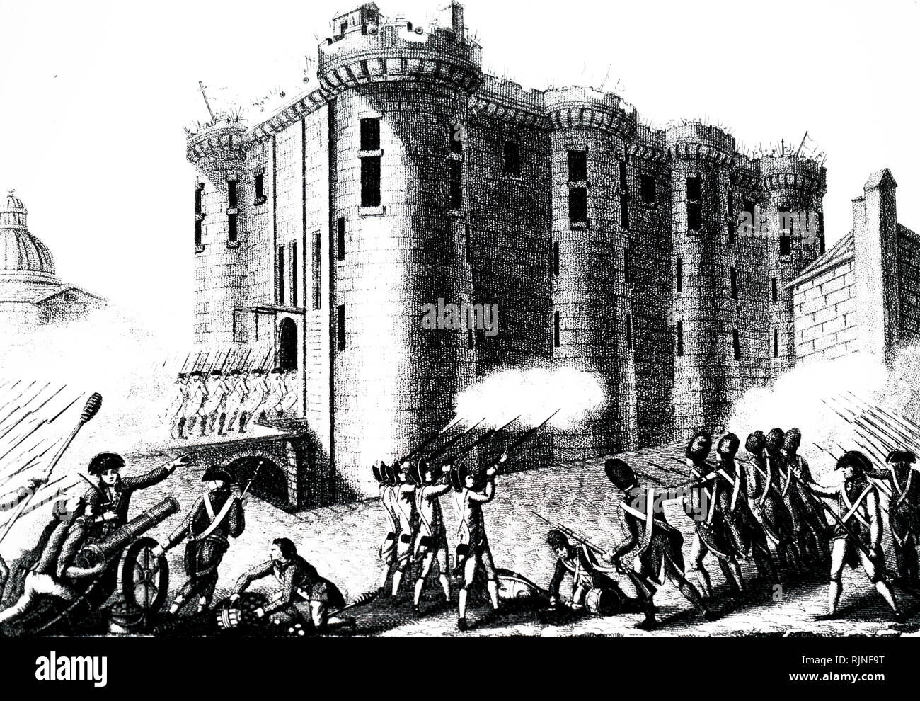Ein kupferstich mit der Darstellung der Sturm auf die Bastille - 14. Juli 1789. Soldaten Angriff der ersten Zivilisten erlaubt wurde. Stockfoto