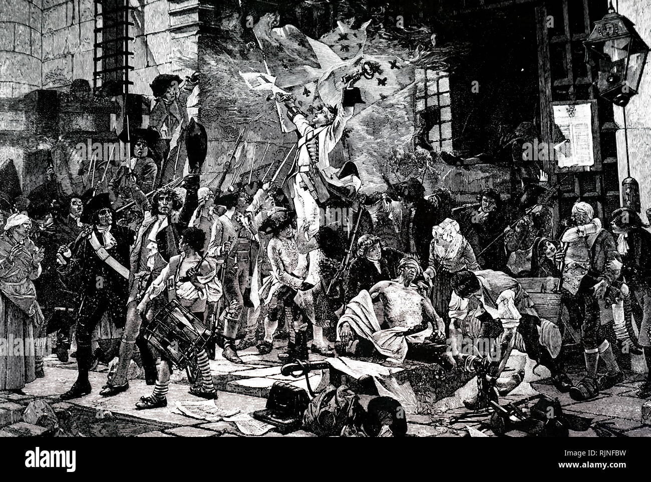 Ein kupferstich mit der Darstellung der erfolgreichen Eroberung der Bastille - 14. Juli 1789. Stockfoto