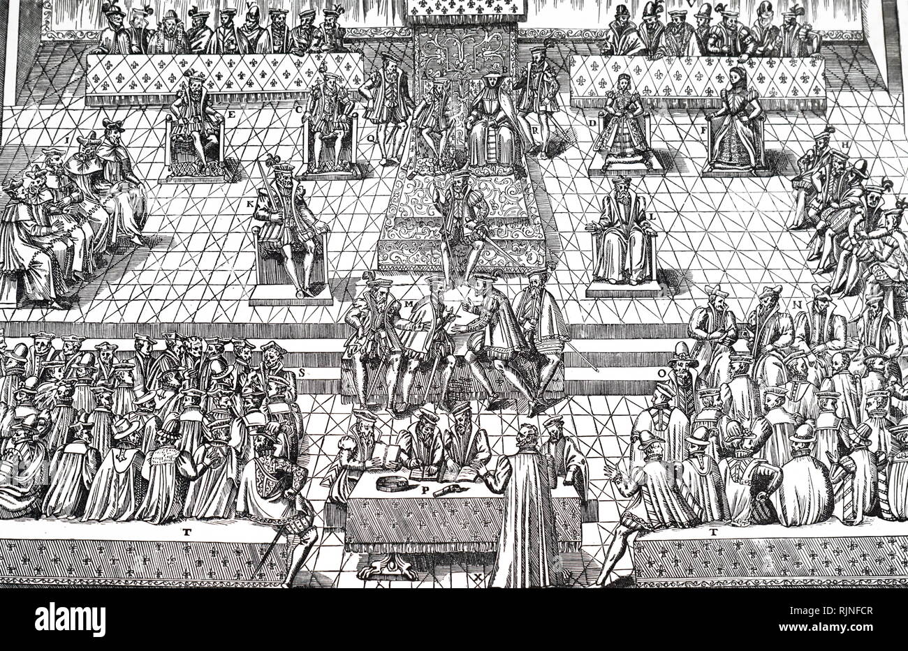 Ein holzschnitt Kupferstich mit der Darstellung der Mitgliedstaaten allgemeine in Orleans, 1561 Stockfoto