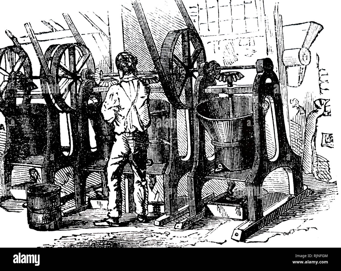 Eine Gravur, die den Prozess der Herstellung als Flocken Kakao durch Schleifen geröstete Kakaobohnen. Kakao war ein billigeres Produkt als Schokolade, wie es von den Bohnen, die nicht so gründlich geschälten hergestellt wurde. Vom 19. Jahrhundert Stockfoto