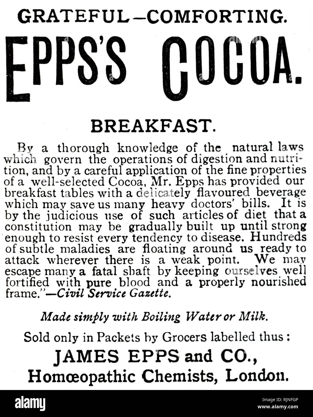 Eine Werbung für Epps des Kakaos. Vom 19. Jahrhundert Stockfoto