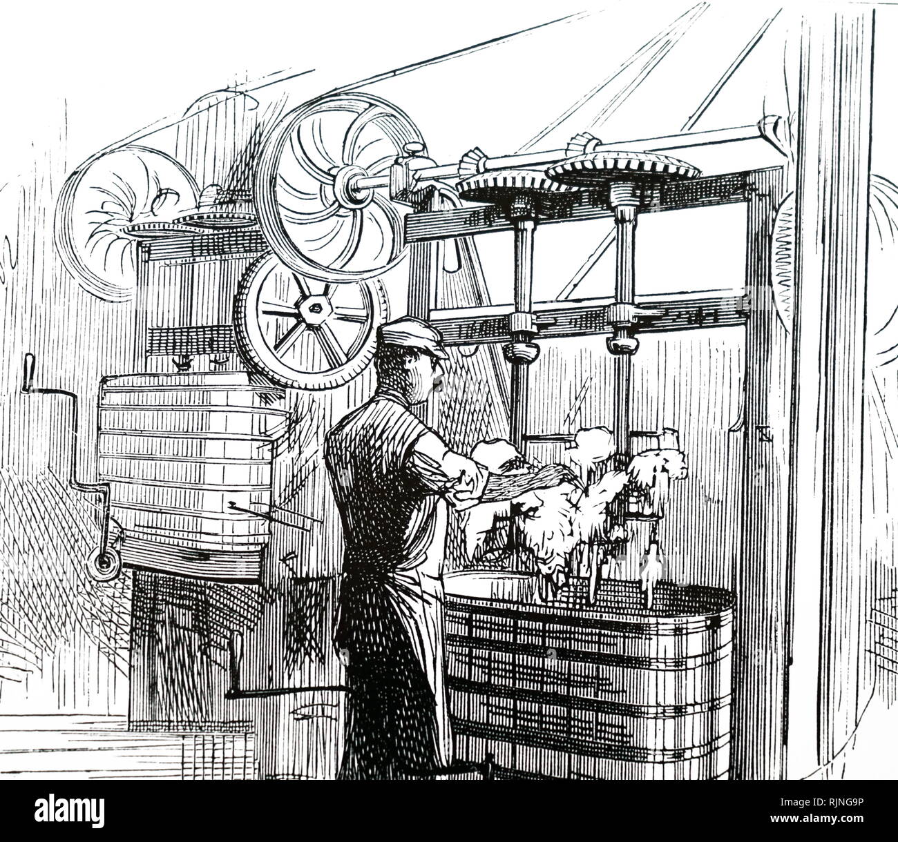 Ein kupferstich mit der Darstellung der Mischen Drums von Peek, keksfabrik Frean&Co., Southwark, London. Vom 19. Jahrhundert Stockfoto
