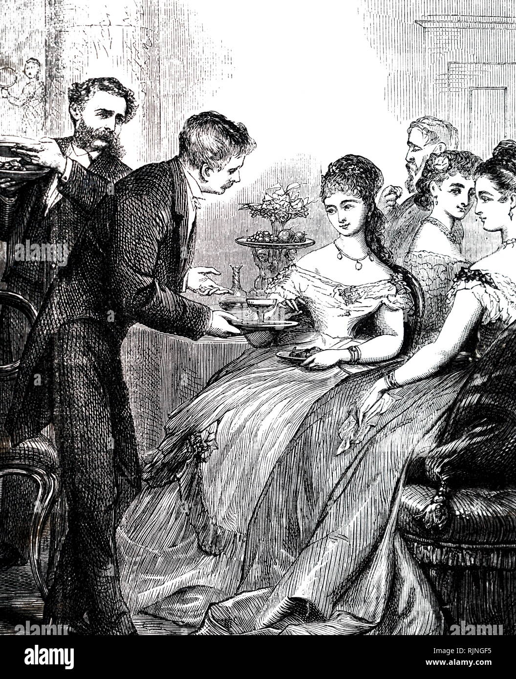 Ein kupferstich mit der Darstellung eines Gentleman Übergabe eine Dame ein Gericht von Jelly zu einem Abendessen. Mit Ill. von Edward Hughes. Vom 19. Jahrhundert Stockfoto