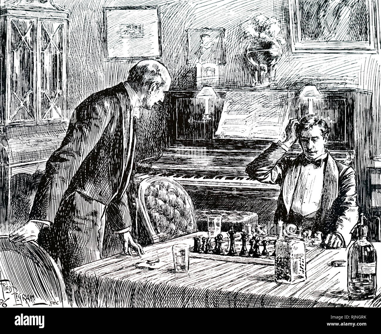 Eine Gravur, eine Partie Schach unterstützt durch ein Whisky und Soda. Vom 19. Jahrhundert Stockfoto