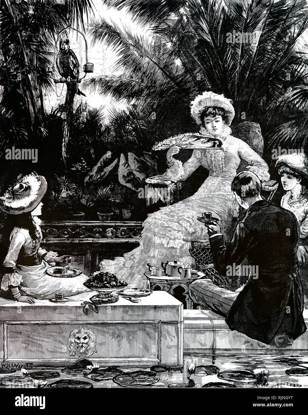 Eine Gravur, Tee am Nachmittag im Wintergarten. Vom 19. Jahrhundert Stockfoto