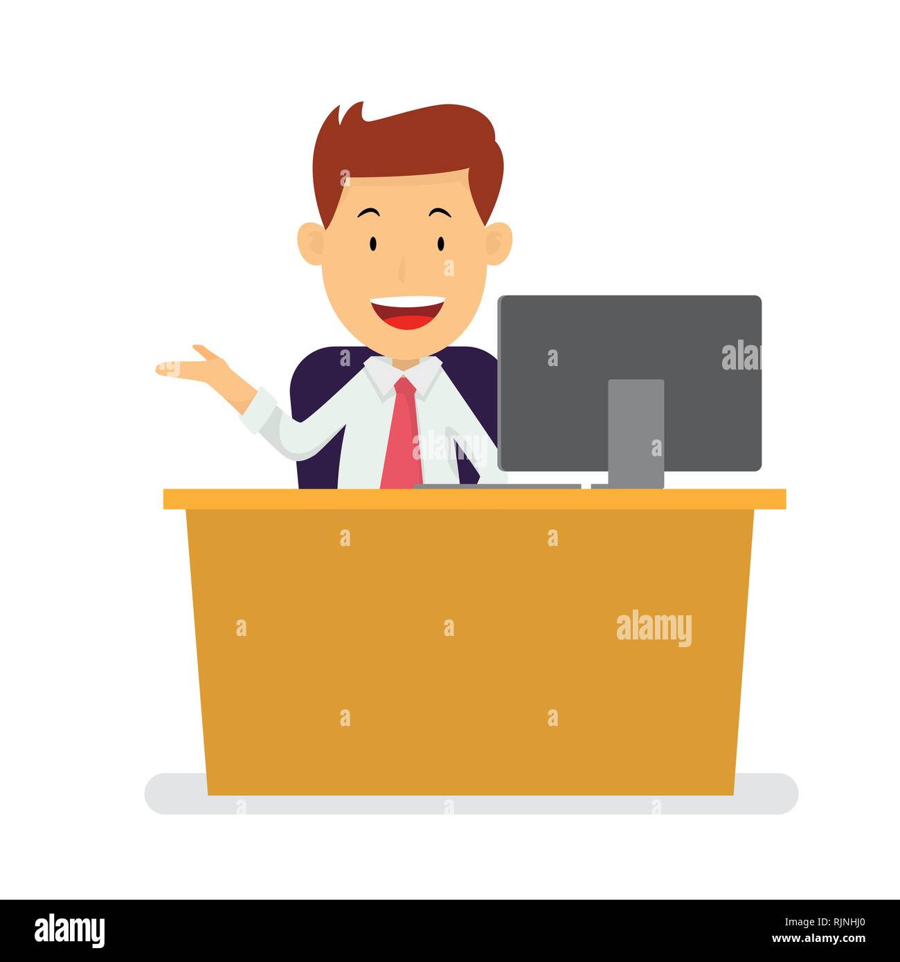 Geschäftsmann am Arbeitsplatz mit hellen ligh Glühbirne für erfolgreiche Geschäftsidee Konzept sitzend, Cartoon flache Design Stil. Vector Illustration Stock Vektor