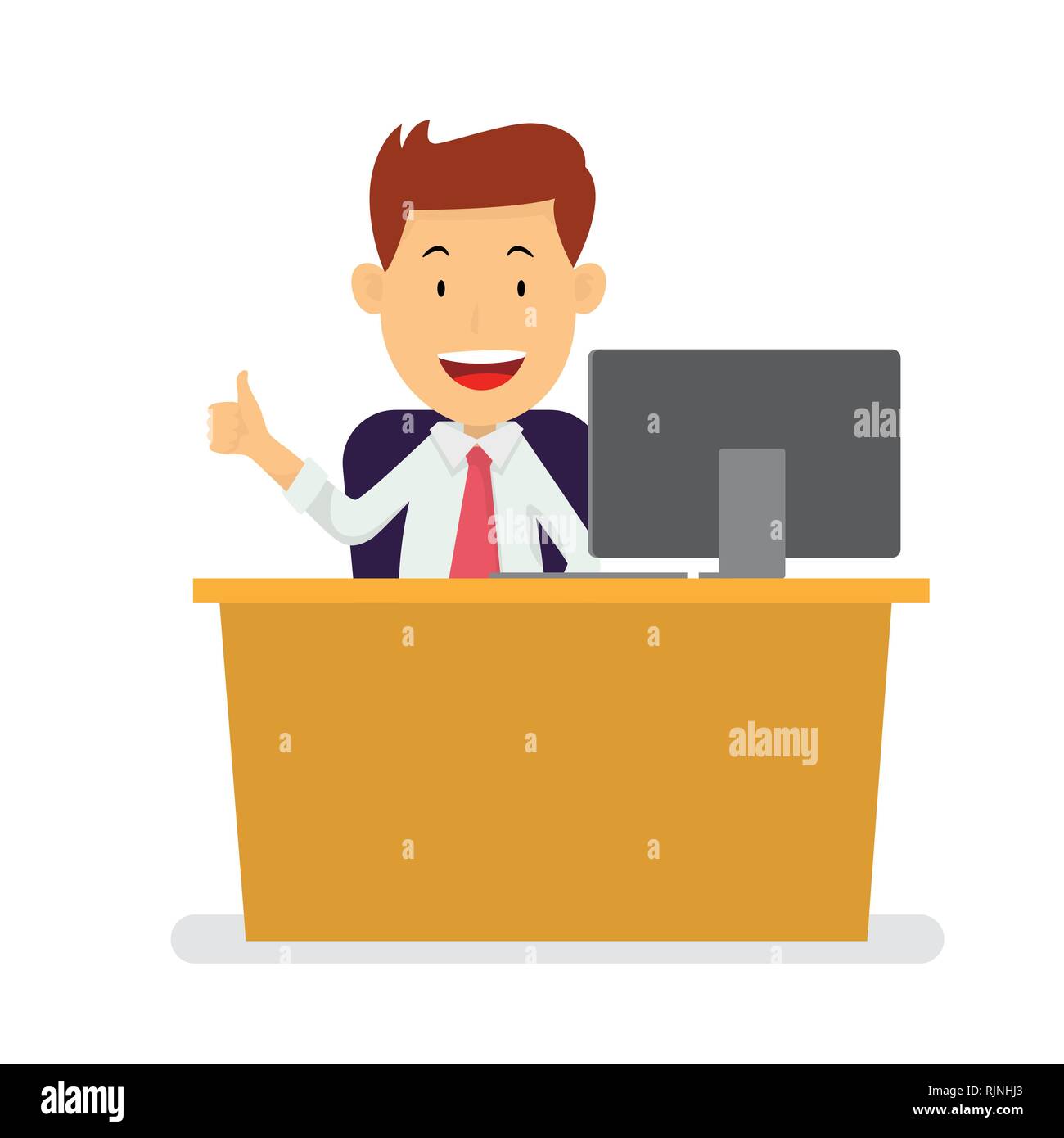 Unternehmer sitzen am Arbeitsplatz mit Daumen hob auf weißem Hintergrund, cartoon Flat, Vektor, Abbildung Stock Vektor