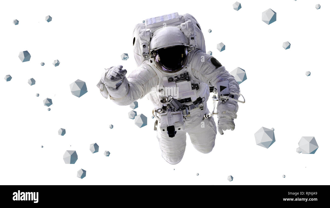 Astronaut zwischen Ikosaeder Objekte (3D-Illustration, Elemente dieses Bild von der NASA eingerichtet sind Fliegen) Stockfoto