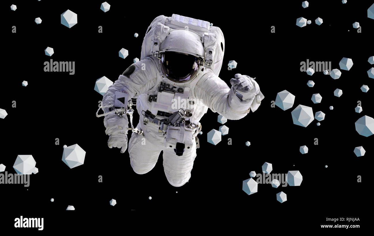 Astronaut zwischen geometrischen Objekten vor einem schwarzen Hintergrund (3D-Illustration, Elemente dieses Bild von der NASA eingerichtet sind Fliegen) Stockfoto