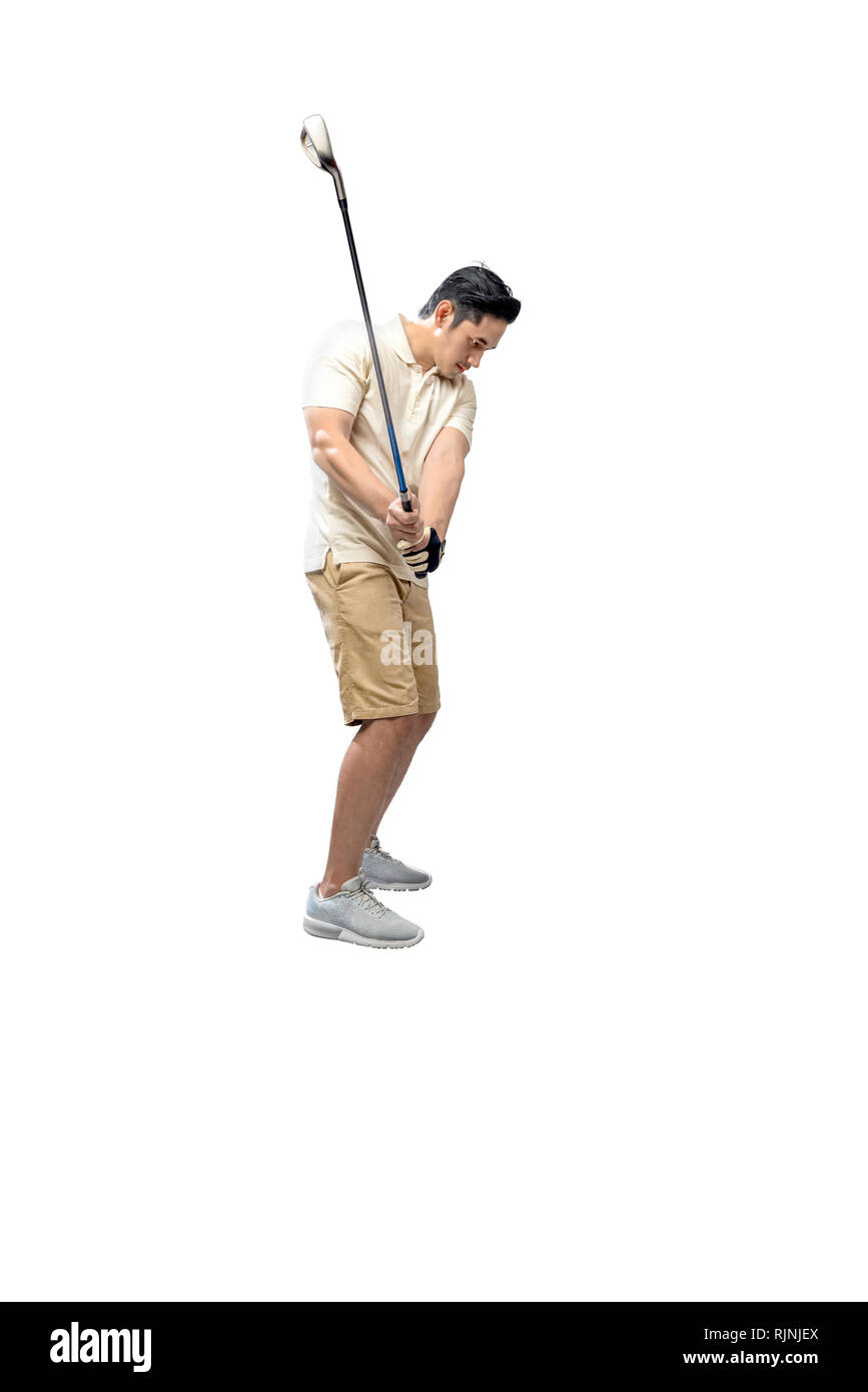 Schönen asiatischen Golf player Mann bereit, einen golf Stick über weißem Hintergrund zu schwingen Stockfoto