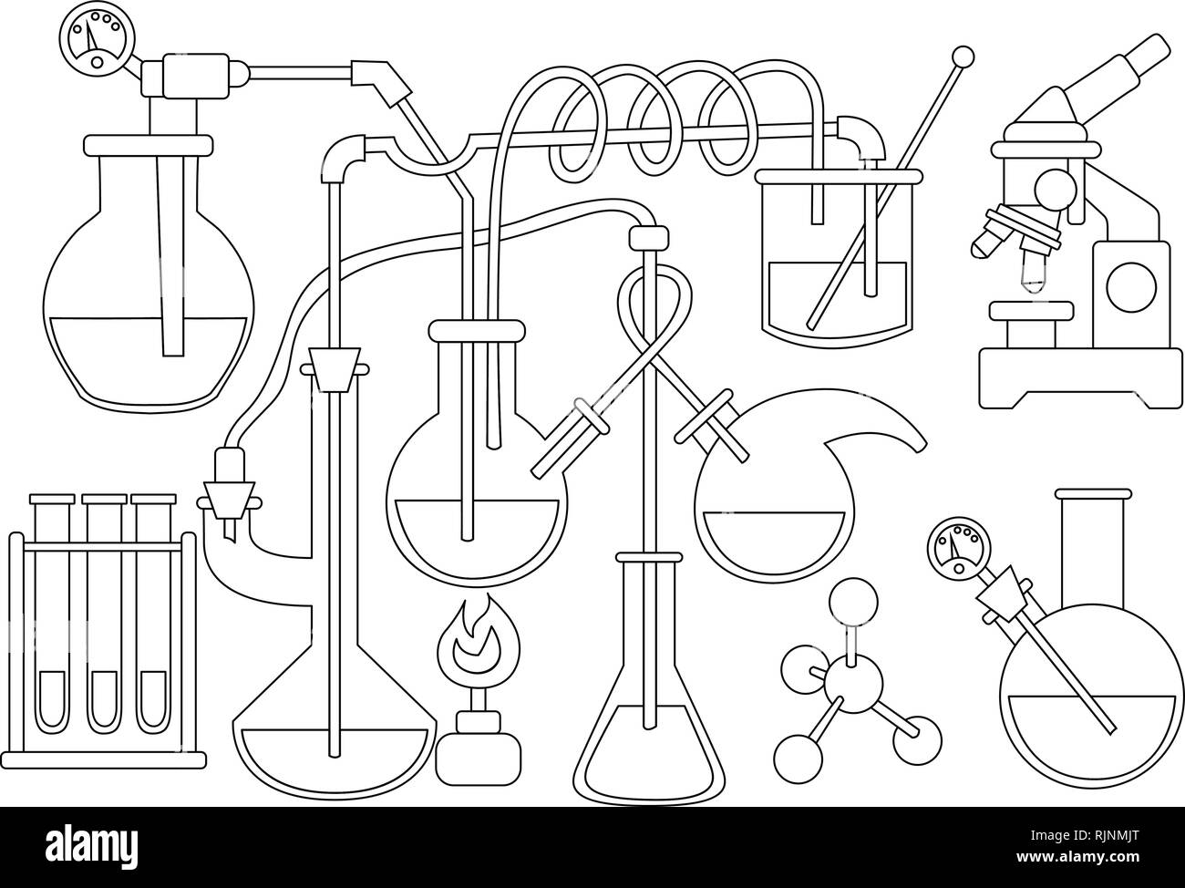 Wissenschaft und Chemie doodle Hintergrund. Schwarze und weiße Malbuch Seite Stock Vektor