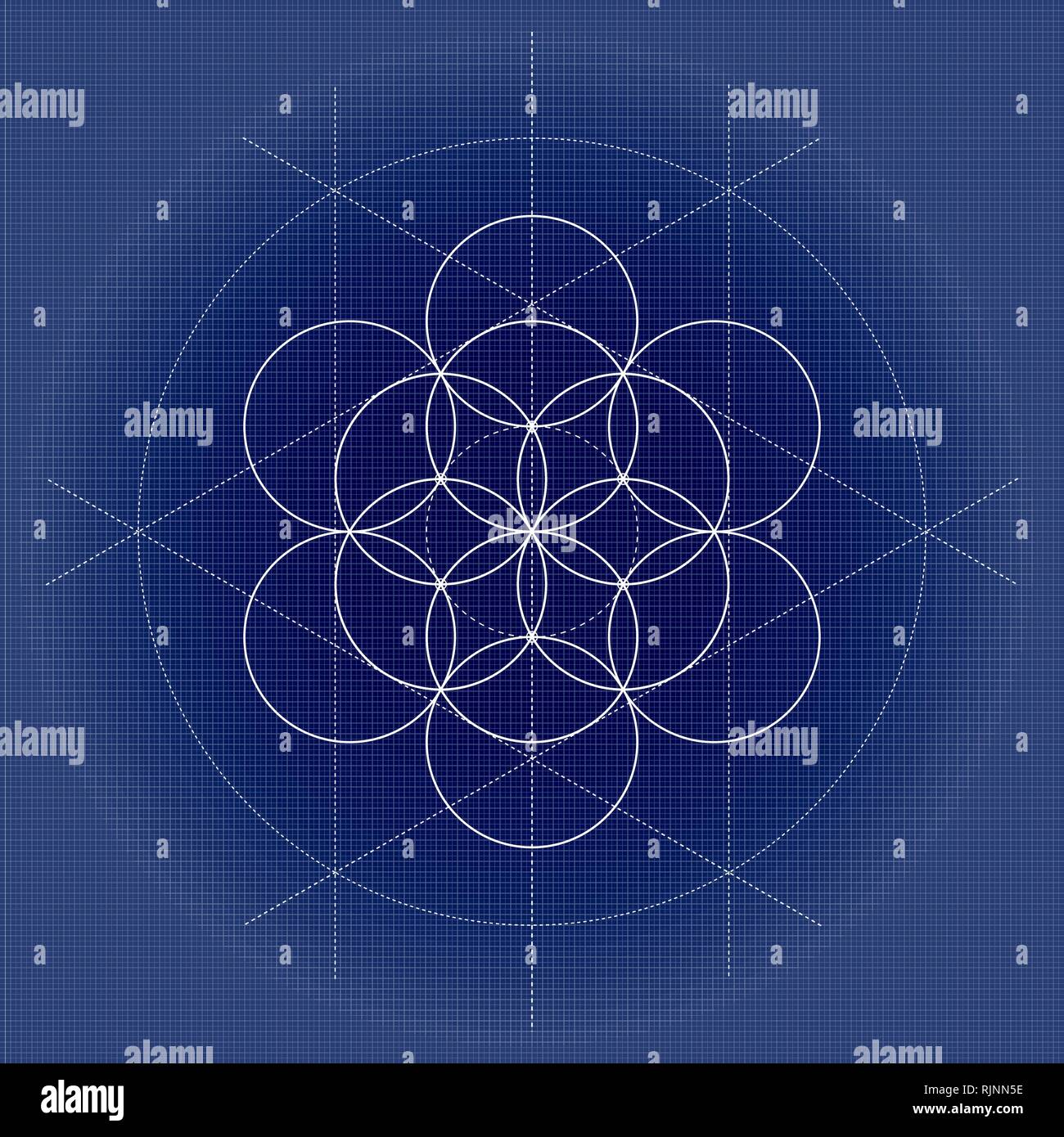 Blume des Lebens. Weiß Vektor Heilige Geometrie Abbildung auf technisches Papier Stock Vektor