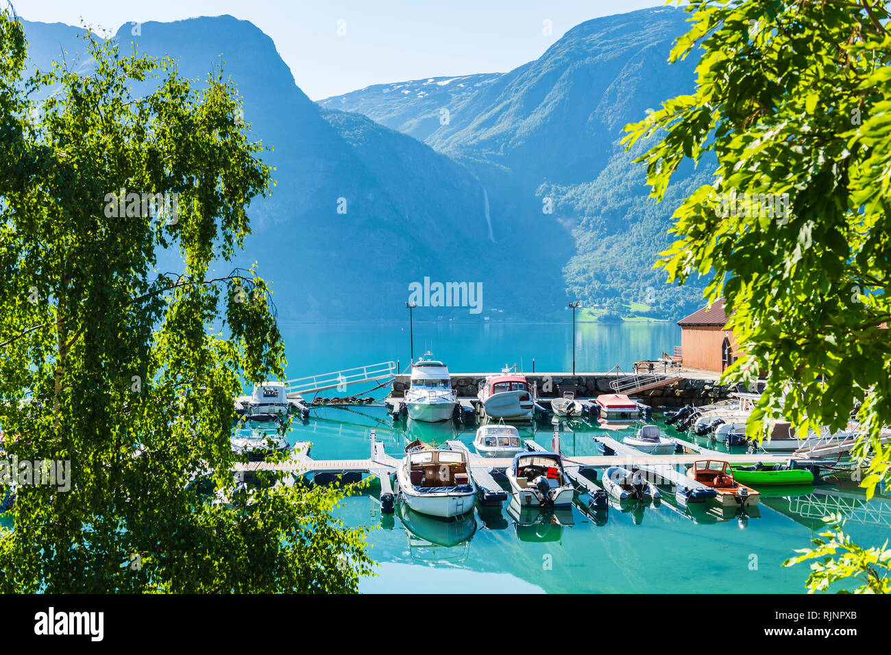 Durch die Bäume zu Reihen angelegte Boote, Hoyheimsvik, Lusterfjord, Norwegen, Europa Stockfoto