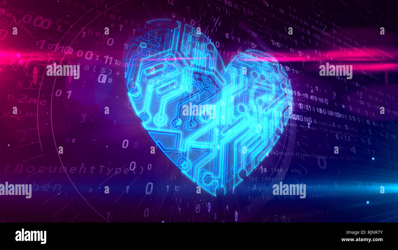 Cyber Herzsymbol im Cyberspace. Abstrakten 3D Abbildung: Liebe Symbol auf digitalen Hintergrund. Stockfoto